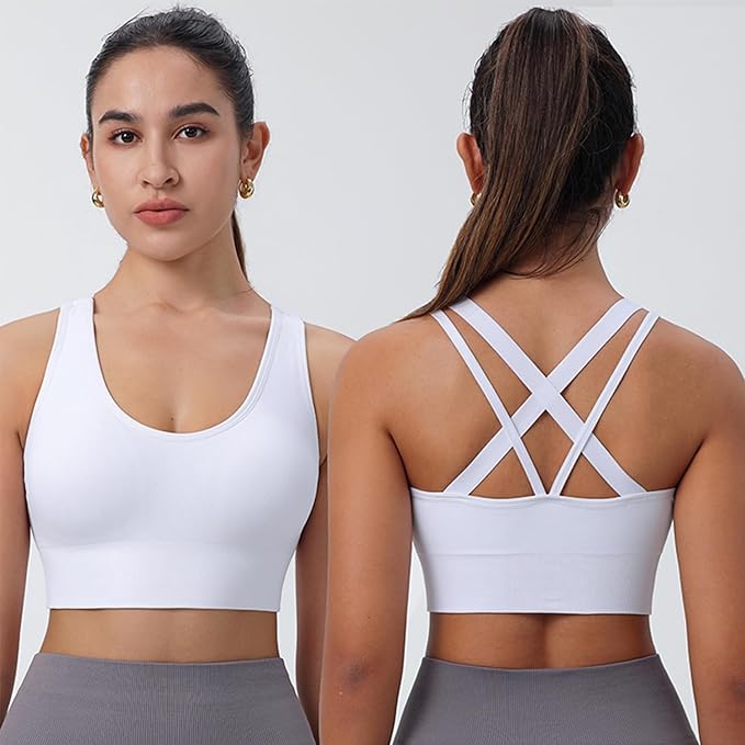 Evercute Sports Bra for Women Padded Medium Support Criss Cross Strappy Bras Seamless High Impact Yoga Exercise Athletic Bras