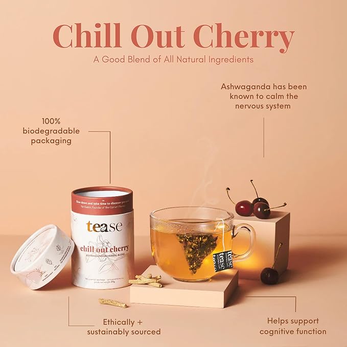 Tease Tea Stress Relief Tea - Chill Out Cherry Ashwagandha Herbal Tea, Anxiety and Calming Tea Made with Organic Ashwagandha, Apple, Cranberry, Elderflower Petals, and Strawberry Leaves for a Chill and Distressing Drink