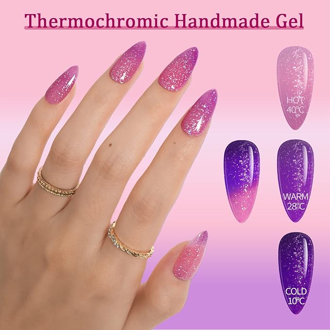 GLAMERMAID Thermochromic Ombre Press on Nails Medium Square, Thermo Purple Pink Glitter Shrimmer Gel False Nals, Glue on Nails Kit for Women, Reusable Stick on Acrylic Fake Nails Manicure Set