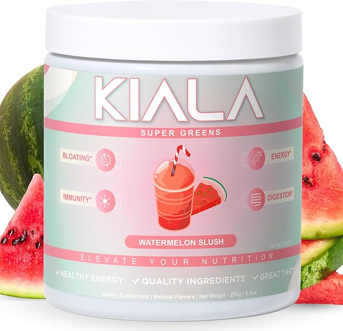 Kiala Nutrition Super Greens, Organic Greens Powder with Spirulina & Chlorella for Digestion, Gut Health, Immunity, Energy, Gluten Free, Vegan, Sugar Free, Spectra Blend, Watermelon Slush, 30 Servings