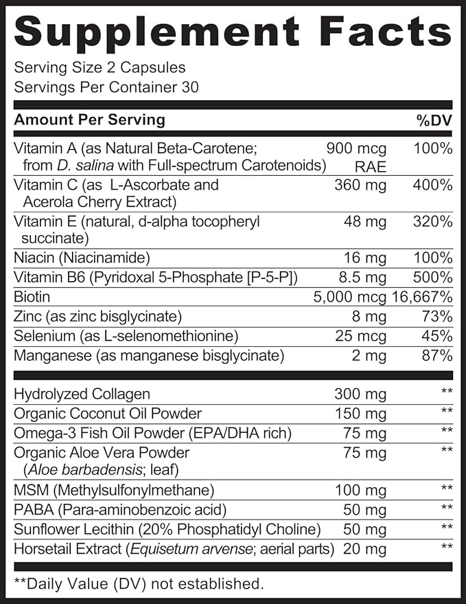 NATURELO Hair, Skin and Nails Multivitamin - 5000 mcg Biotin, Collagen, Natural Vitamin E - Supplement for Healthy Skin, Hair Growth for Women and Men 60 Capsules