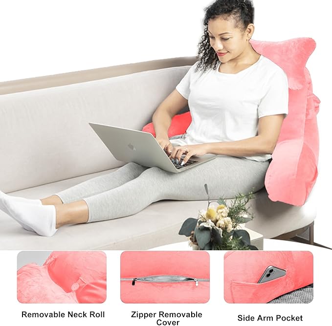SLIGUY Reading Pillow for Sitting in Bed Couch Adult, Back Pillow with arm Support and Pockets, Adult Back Pillow Bed Chair for Rest, Reading, Watching TV, Gaming for Boys and Girls Pink