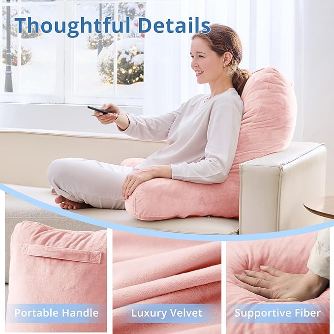 Sasttie 25-inch Reading Pillows for Sitting in Bed Adult, Jumbo Velvet Back Pillow Bed Sitting Up, XL High Back-Rest Support Cushion for Sit Up on Couch & Floor, Oeko-Tex Certified, Peach Pink