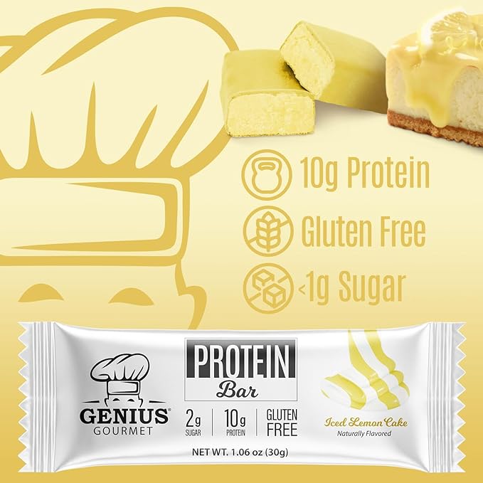 Genius Gourmet Protein Bar, Iced Lemon Cake, Keto Snack, Low Carb, Low Sugar & Gluten Free, Protein Snacks for Adults, 10G of Whey Protein per Protein Bar, 5 Net Carbs, 10 Count