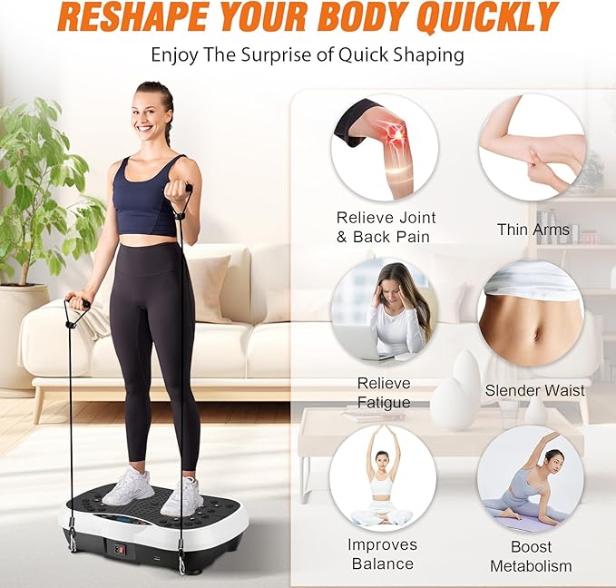 ALSO GO Vibration Plate Exercise Machine, 3 Workout Modes & 120-Level Vibration Platform for Weight Loss/Lymphatic Drainage, 400lbs Capacity Vibration Board with Resistance Bands for Full Body Workout