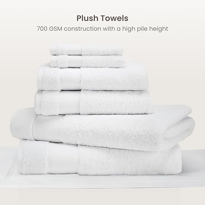 BIOWEAVES 100% Organic Cotton Bath Towel Set | 700 GSM Plush 7-Piece Premium Towel Set GOTS Certified, 2 Bath Towels, 2 Hand Towels & 2 Washcloths, 1 Bath Mat - White