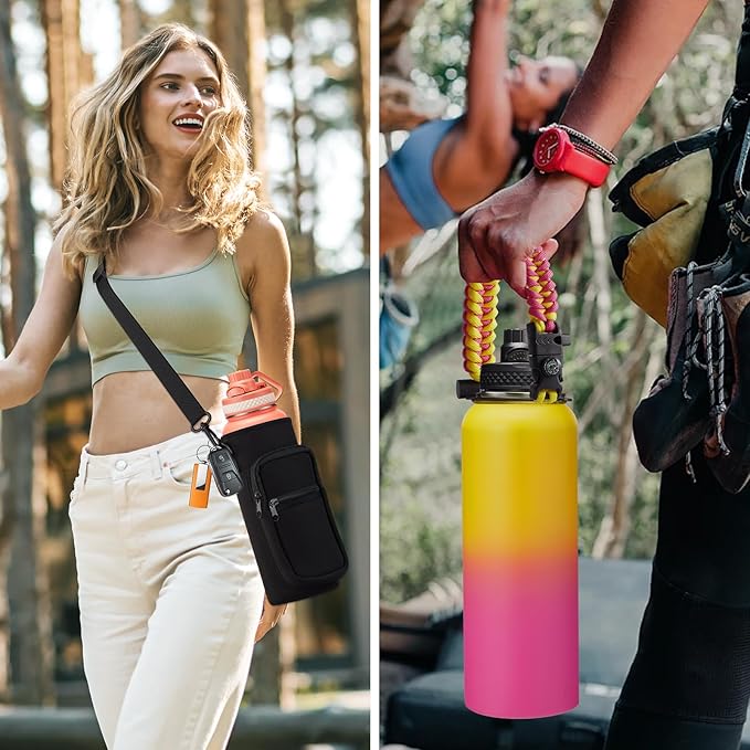 40 oz Insulated Water Bottle - (Cold 48H) Metal Water Jug with Straw & Auto Spout Lids, Leak Proof Coldest Stainless Steel Flask with Carrying Pouch, Paracord Handle for Gym Hiking Work, Coral Orange