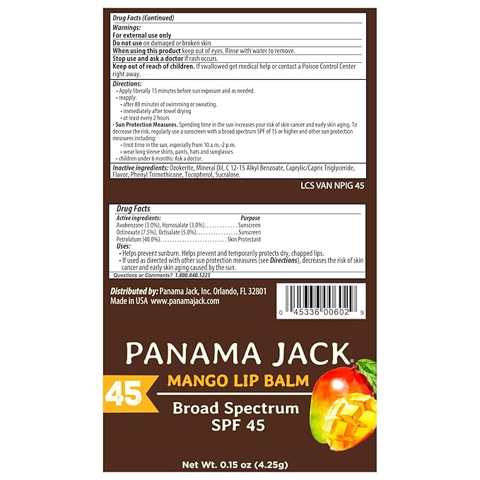 Panama Jack Sunscreen Lip Balm - SPF 45, Broad Spectrum UVA-UVB Sunscreen Protection, Prevents & Soothes Dry, Chapped Lips, Mango, 12-pack