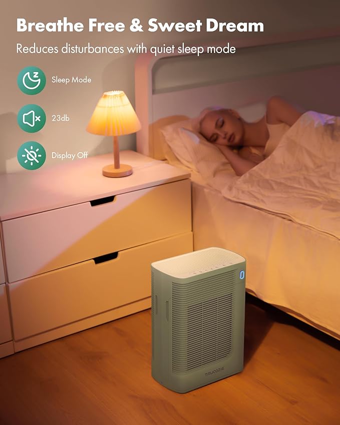 Trucozie T356 Air Purifier for Home Large Room Bedroom Up to 1937 Ft² in 1 Hr With Double-sided Air Inlet, Air Quality and Light Sensors, HEPA Sleep Mode for Allergies, Dust, Pollen, Pet Hair, Green