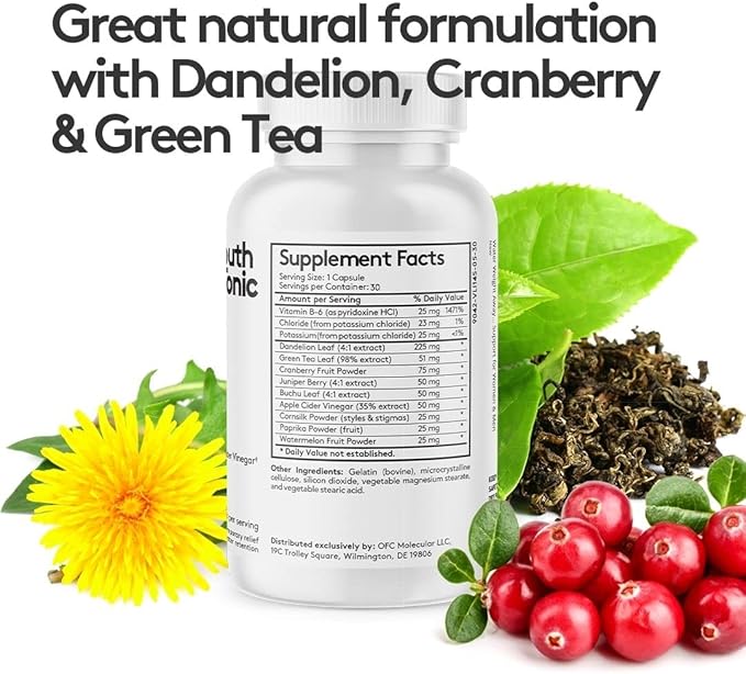 Youth & Tonic Natural Water Weight Away Pills for Swelling Water Retention & Belly Bloating - Herbal Diuretic Supplement for Women & Men - 30 Capsules w/Potassium Caffeine Free
