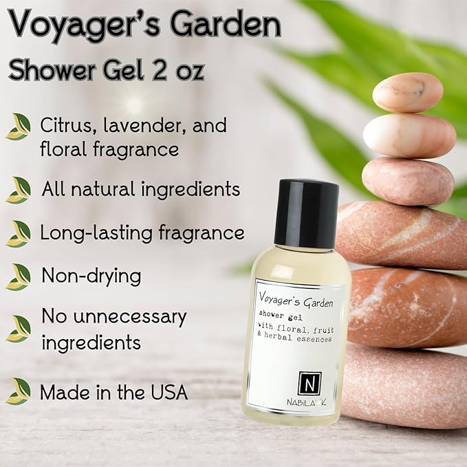 Nabila K Voyager’s Garden Shower Gel, Travel Size Refreshing Body Wash with Fruits, Flowers & Herbs, 2 oz - Naturally Derived, Sulfate-Free, Paraben-Free - Made in the USA