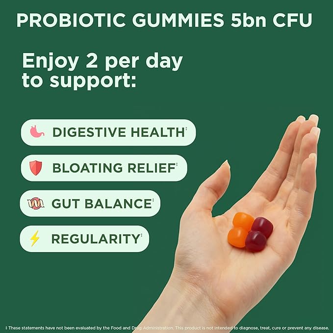 Yuve Natural Sugar Free Probiotic Gummies 5 Billion CFU, Helps with Constipation, Bloating & Leaky Gut - Vegan, Gluten-Free & Non-GMO - 60ct