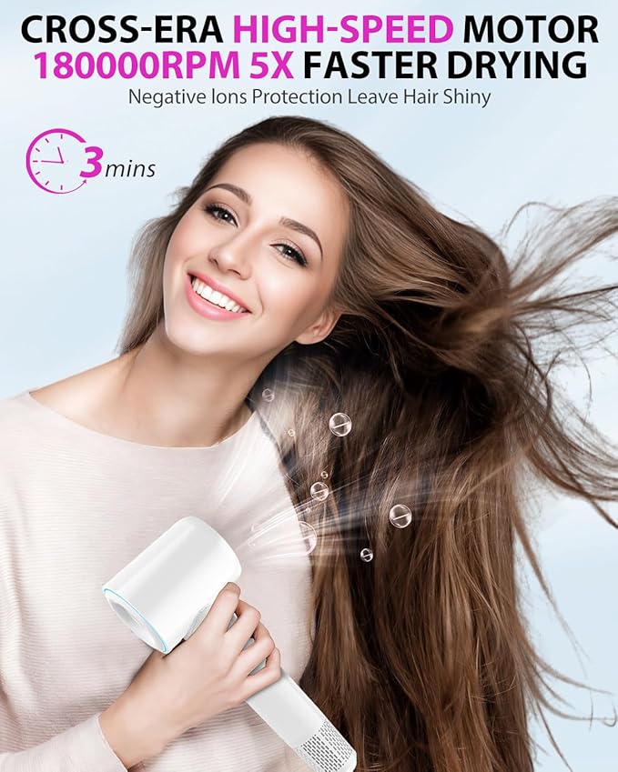 Hair Dryer,180000 RPM High-Speed Hair Blow Dryer with Brushless Motor, 500 Millions Negative Ionic Hair Dryer for Fast Drying, Quiet Thermo-Control Travel Hair dryers for Women Home Salon (White)