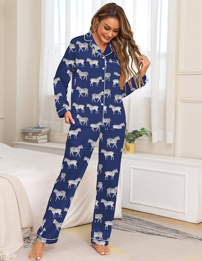 Veseacky Womens Satin Pajama Set Silk Pjs Button Down Long Sleeve Sleepwear Loungewear Sleepwear 2 Piece Pjs Set S-XXL