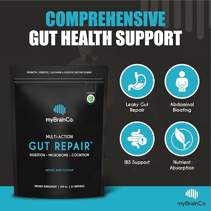 myBrainCo. Gut Repair β Gut Health & Digestion Support Powder for IBS, Bloating, Reflux & Leaky Gut β Low FODMAP Certified with Probiotics, Prebiotics, Enzymes & Glutamine β 310g