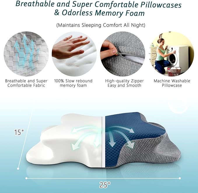 Cervical Neck Pillow for Pain Relief Sleeping, Contour Memory Foam Pillows, Ergonomic Side Sleeper Pillows for Adults, Cooling Orthopedic Neck Support Pillow for Back Stomach Sleepers