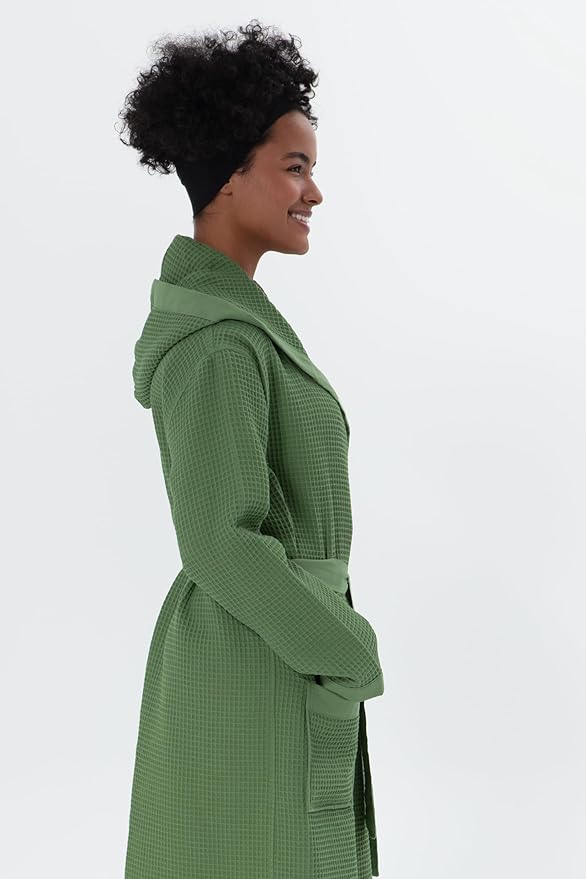 SEYANTE Womenโs Luxury Waffle Shawl Collar, Hooded Robe w Piping โ Lightweight, Long, Ultra Soft Spa Sleepwear Bathrobe