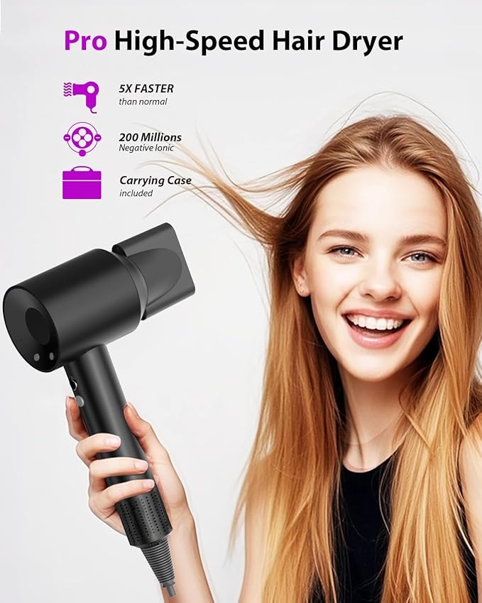 Hair Dryer with Carry Case, 160000 RPM Professional High-Speed Ionic Blow Dryer 200 Millions Negative Ionic&3 Speeds&3 Temps& Low Noise, Hairdryer with diffuser for Faster Drying, No Heat Damage,Black