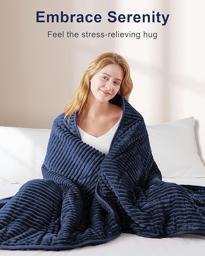 Sherpa Fleece Adult Weighted Blanket 20lbs with Ribbed Stripes, Dual Sided Fuzzy Warm Blanket for Couch Bed Sofa, Heavy Thick Blankets with Ceramic Beads Great for Sleep, Navy Blue, 60" x 80"