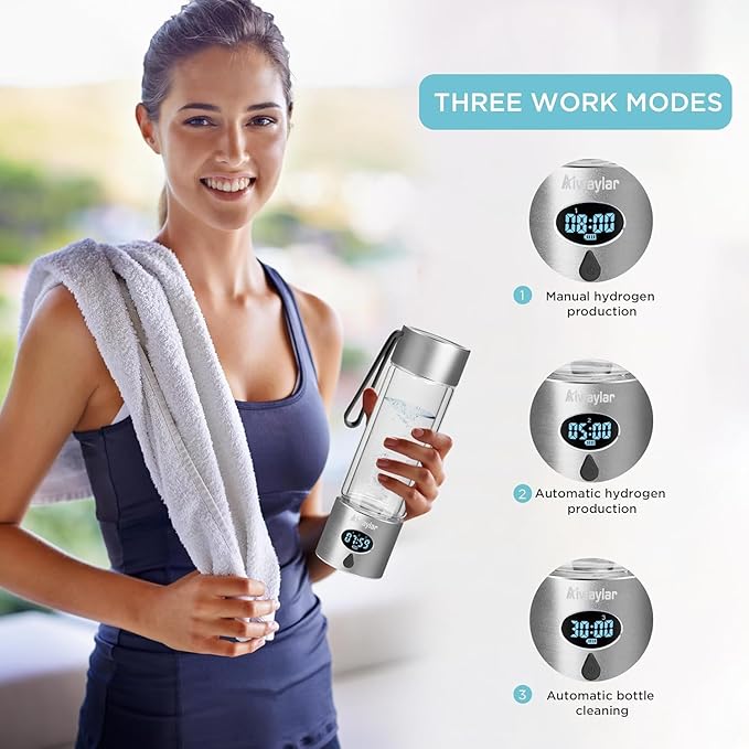 Hydrogen Water Bottle - Portable, Rechargeable, LED Timer,3 Work Mode, Aluminum and Glass,360ML,Hydrogen Water Ionizer Machine with PEM/SPE Technology, Suitable for Office,Home,Gym Outdoor