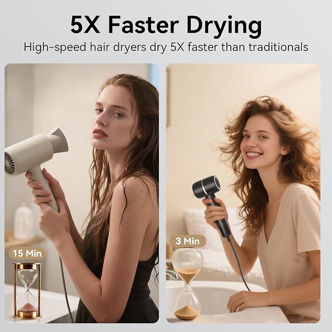 Fast Drying High Speed Hair Dryer,Negative Ionic Care Blow Dryer,Less Heat Damage Blow Dryer with Brushless Motor,Thermo-Control Low Noise with Magnetic Nozzle & Diffuser, Black