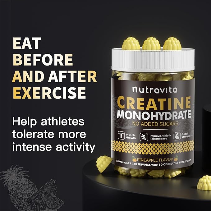 Nutravita Creatine Monohydrate Gummies for Men & Women-5g of Creatine Monohydrate per Serving - Sugar Free,Vegan,Pineapple Flavor, 120 Count