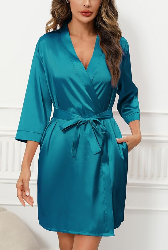 Samring Women's Bride Bridesmaids Robe Short Satin Kimono Robes for Wedding & Bridal Party Silk Bathrobes for Women
