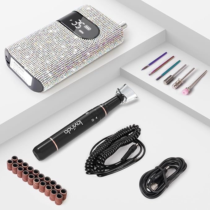 Professional Rechargeable Nail Drill Machine, Lavinda Diamond 35000RPM Electric Nail File Cordless Portable Nail Drill with Coreless Motor for Acrylic Nails, Manicure Pedicure Tool, Crystal Diamond