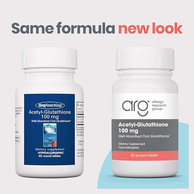 Allergy Research Group Acetyl-Glutathione - S-Acetyl-L-Glutathione, Well Absorbed, Immune Support, 100 mg Supplement, Hypoallergenic, Scored Tablets - 60 Count