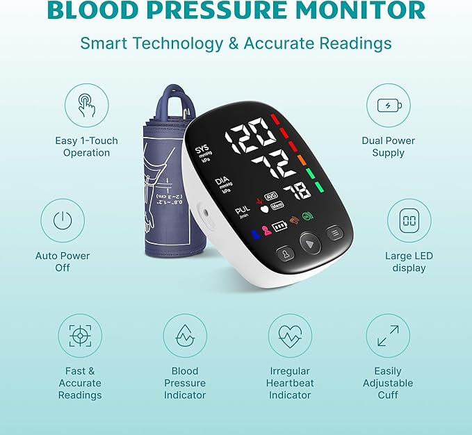 Blood Pressure Monitor for Home Use – Adjustable Upper Arm Cuff, Digital BP Machine with Dual User Memory, USB Rechargeable Blood Pressure Machine