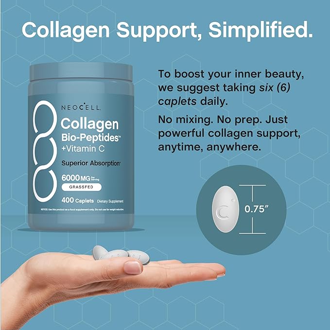 NeoCell Grass Fed Collagen Peptides | 400 Caplets | Types I & III Bio-Peptides | with Vitamin C | Superior Absorption Formula | for Women and Men