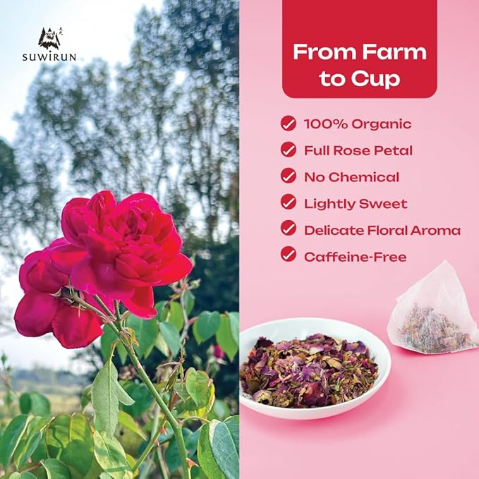 Suwirun Organic Rose Tea 25 Bags โ 100% Pure Rose Petals โ Delicate Floral Aroma, Naturally Caffeine-Free โ Relaxing Herbal Tea, Enjoy Hot or Cold