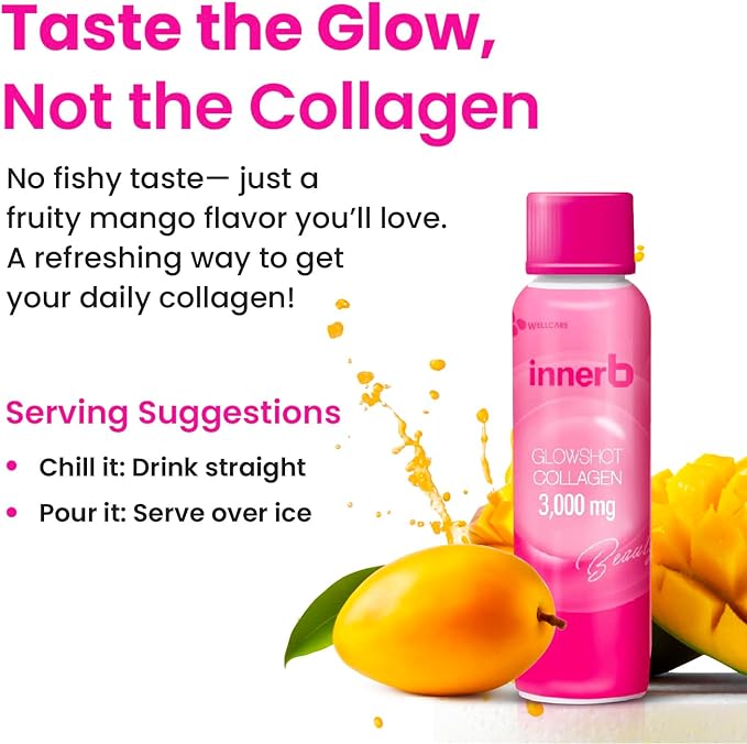 CJwellcare Innerb Glowshot Collagen (50.7 fl oz, 30 Servings) - Marine Liquid Collagen for Women, 3,000mg Collagen Peptides, Collagen Shots for High Absorption, Hair, Skin & Nails Supplement