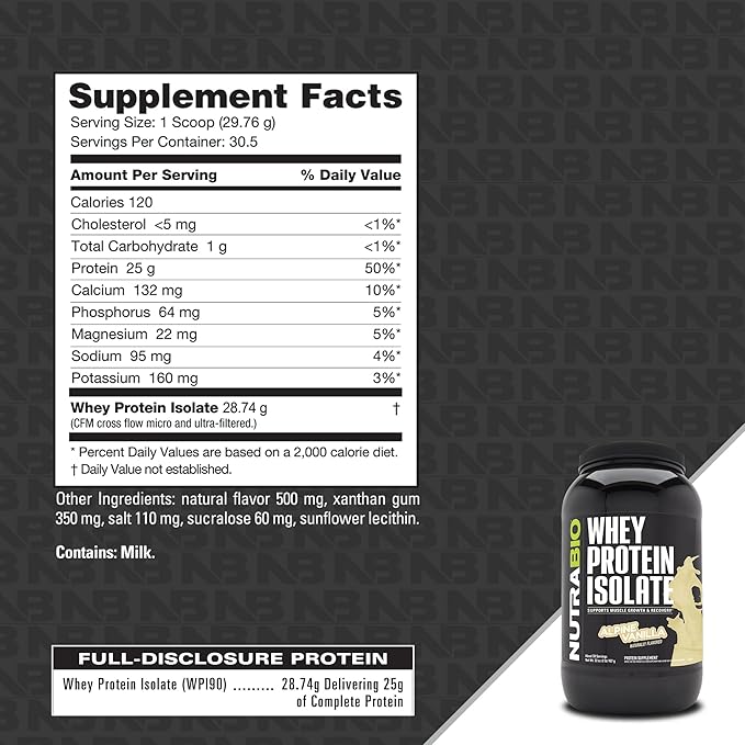 NutraBio 100% Whey Protein Isolate Protein Powder, 25g Protein with Complete Amino Acid Profile, Non-GMO, Soy & Gluten Free, Low Carb, Low Calorie Whey Protein Powder, Alpine Vanilla, 2 Lbs