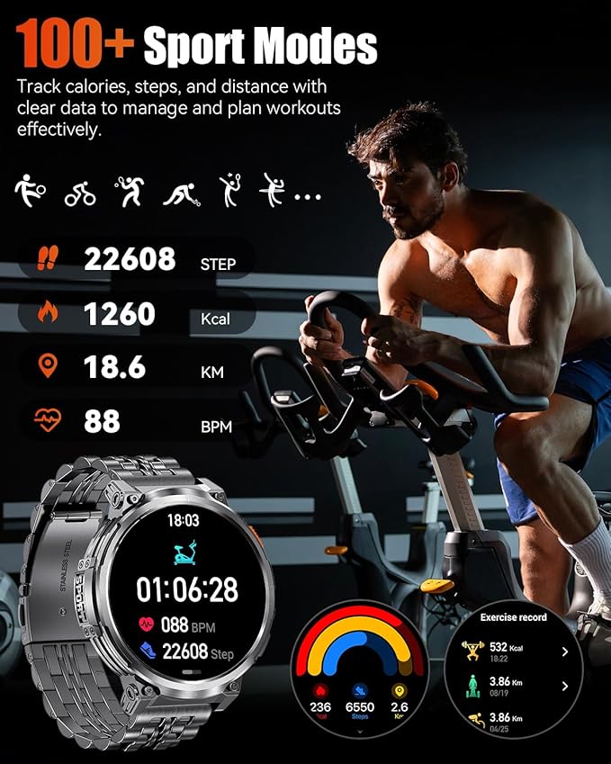 1.85" Big Screen Military Smart Watch for Men with Flashlight, 730mAh Large Battery, IP68 Waterproof, Bluetooth Calling, 114 Sports Modes, Heart Rate/Sleep Monitor for iOS Android