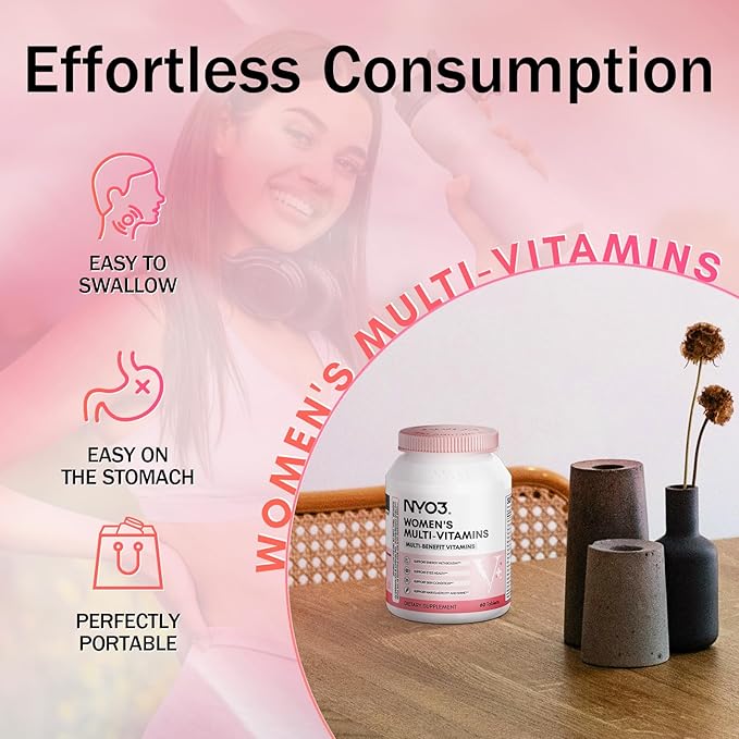 NYO3 Multivitamin for Women with Zinc & Biotin Vitamins A,C,K,B2,B6,B12 & Multimineral | Daily Multivitamins Beauty & Energy | Gluten-Free, 60 Day Supply