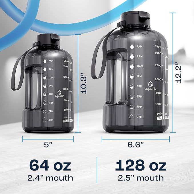 AQUAFIT 1 Gallon Water Bottle with Time Marker - Straw & Chug Lid - BPA Free Gym Water Bottle with Straw - Big Gallon Jug (Frosty, 128 oz - 2 Lids)