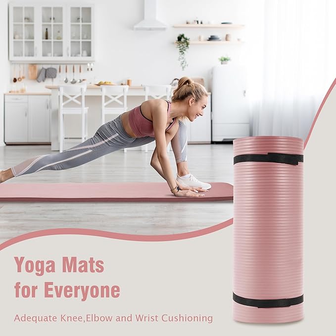 Yoga Mat 1-Inch Extra Thick High-Density Exercise Mat with Non-Slip Surface & Carry Strap for Men & Women Tear-Resistant Pilates Workout Mat for Home Gym, Floor Fitness, Pale Pinkish