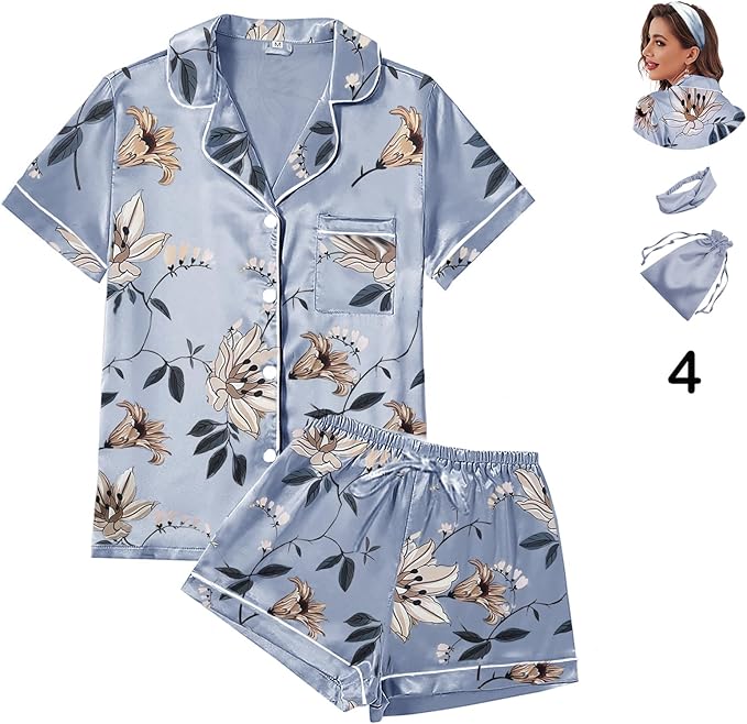 4Pcs Womens Satin Silky Pajama Sets Short Sleeve Shirt XS-4XL Floral Pajamas Set Soft PJ Loungewear Sleepwear