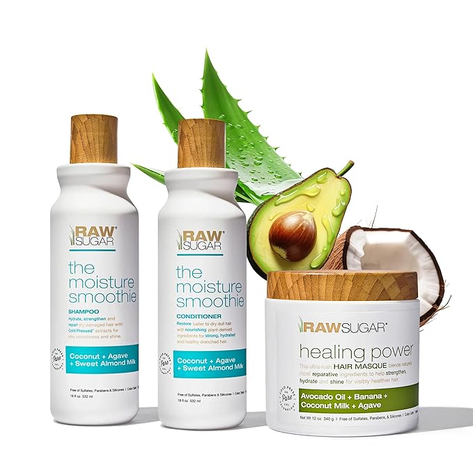 Raw Sugar Moisture Smoothie + Hair Masque Bundle - Shampoo & Conditioner for Dry Damaged Hair, Sulfate & Paraben Free