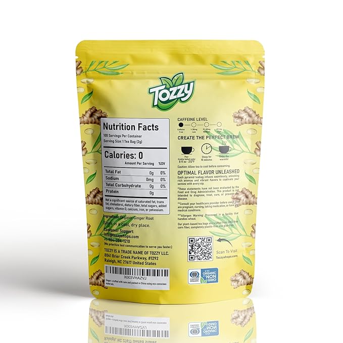 Tozzy Organic Ginger Tea – 100 Count, Plant-Based Pyramid Tea Bags