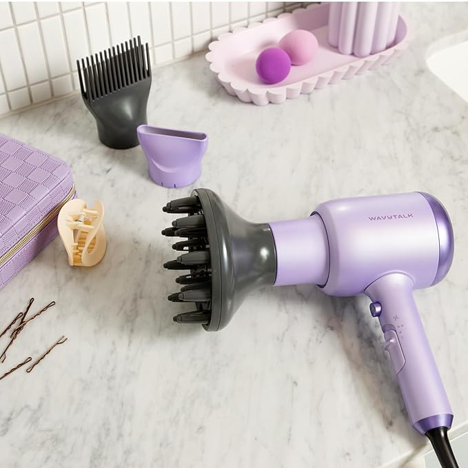 Wavytalk Hair Dryer with Diffuser, Blown Away Ionic Hair Dryer for Curly Hair, 1875W Fast Drying Blow Dryer with Ceramic Technology, 3 Attachments for All Hair Types, Light and Quiet, Sapphire Blue