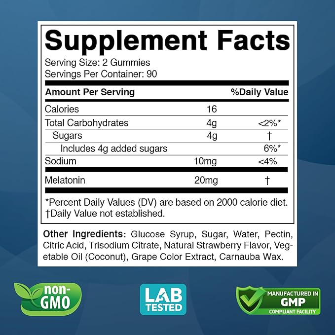 Melatonin 20mg Gummies - 180 Count - Drug Free - Natural Strawberry Flavor - Vegetarian, Non-GMO, Gluten Free (3 Bottles)