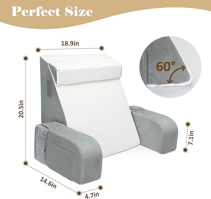Reading Pillow for Sitting in Bed Adult, Back Pillow for Bed Sitting up, Reading & Bed Rest Pillows for Watching (White/Gray)