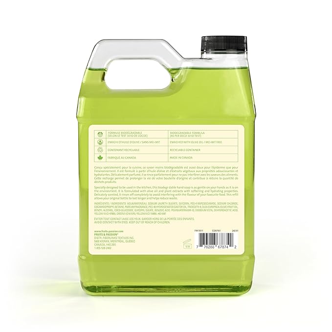 Cucina Fruits & Passion Hand Soap Refill – 1 Liter (33.8 oz) Lime Zest and Cypress – Purifying All Natural Kitchen Hand Soap with Olive Oil – Vegan and Moisturizing Formula