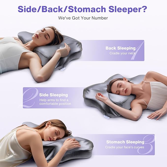Pain Relief Cooling Pillow for Neck Support Adjustable Cervical Pillow Side Sleeping Memory Foam with Super Soft and Cooling Satin Pillowcase Grey