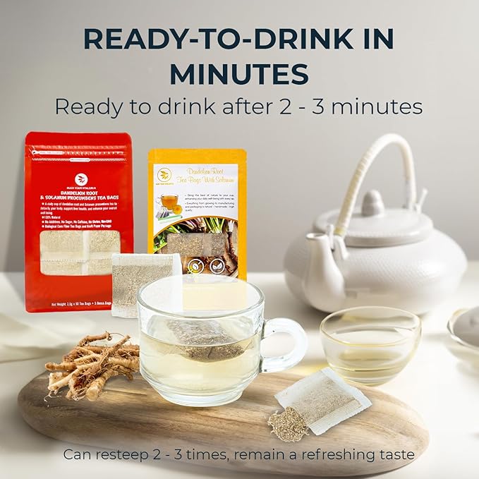 Dandelion Root Tea Samplers with Solanum Trilobatum - 10 Count, Bamboo Tong Included, Re-Steep Pure Herbal Tea Detox Blend for Strength Balance, Energy Support