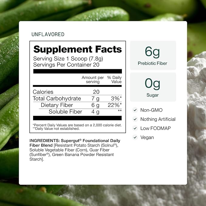 Supergut Foundational Daily Fiber Powder, Sugar Free & Vegan Prebiotic Fiber Blend for Gut Health & Digestive Support, Supplement for Men & Women with Solnul & Sunfiber, Unflavored, 20 Servings