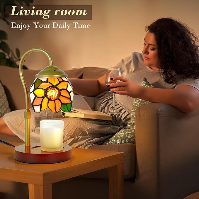 Candle Warmer Lamp with Timer Dimmer, Adjustable Height Candle Warmer for Jar Candles, Birthday Gifts for Women New Home Bedroom Decor Tiffany Sunflower Style Stained Glass with 2 Bulbs