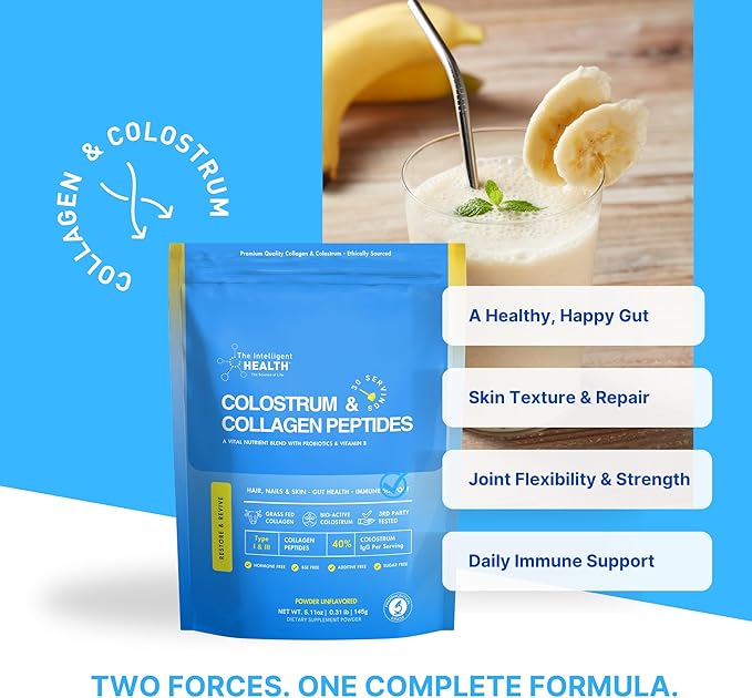Grass-Fed Colostrum & Collagen Peptides with Probiotics + Vitamin B12 – 800mg IgG for Immune, Gut & Beauty Support – Ethically Sourced, Non-GMO, Hormone-Free, Filler-Free, 30 Servings, 5.11 oz